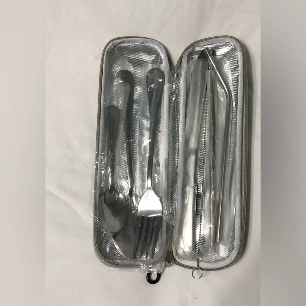 Stainless Steel 8 pcs Set spoon teaspoon knife fork straws clean brush with Case